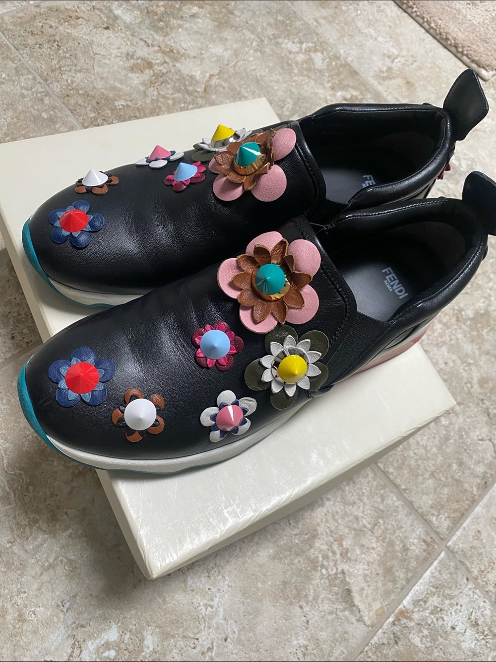 Fendi Black Leather Slip-On Sneakers with Multicolor Floral Appliqués - Picture 10 of 10